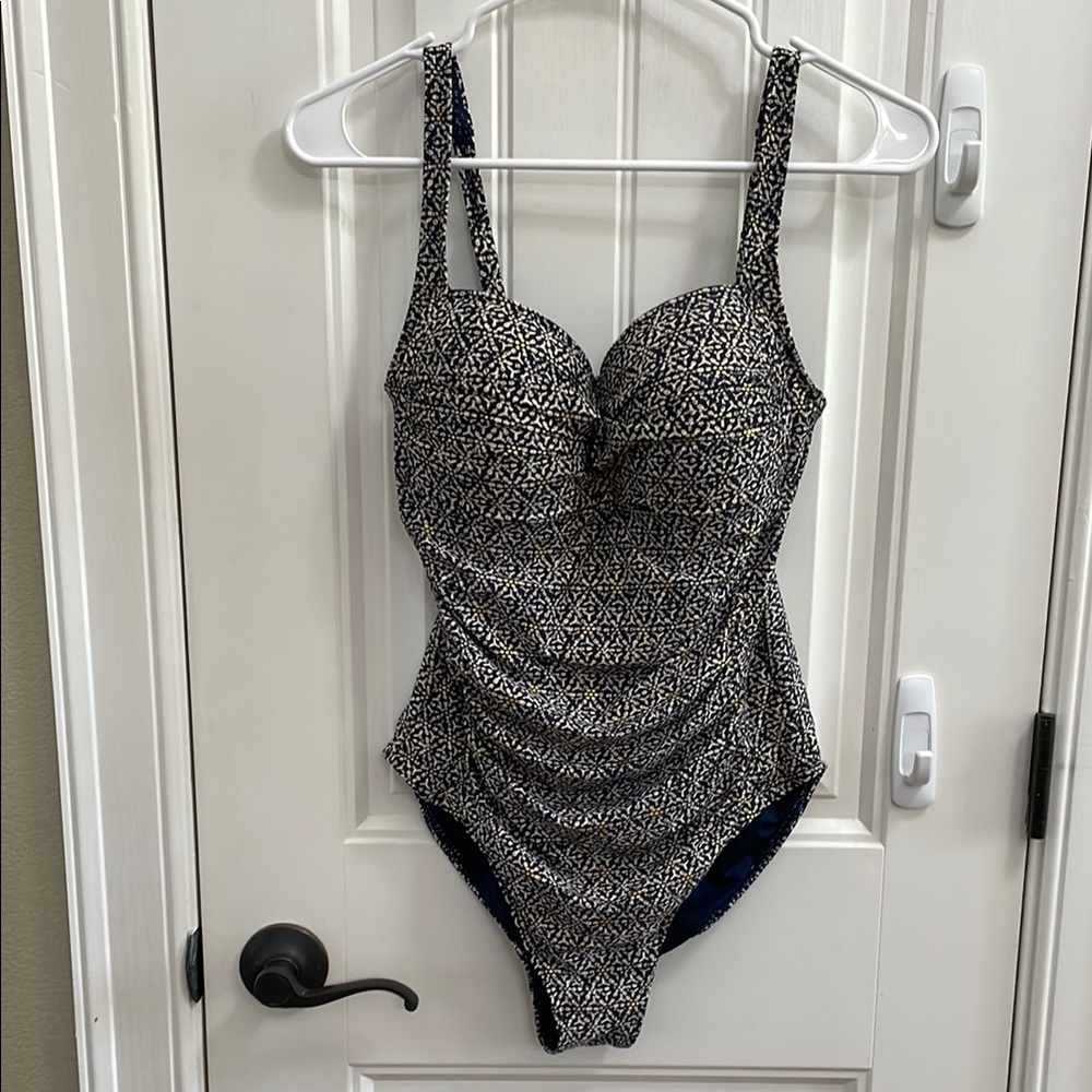 Navy and tan patterned ruched swimsuit.  8